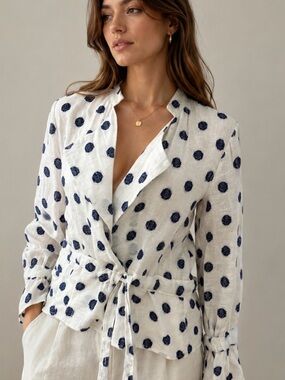 Boutique White Linen Polka Dot Tie-Waist Jacket - Navy Dots